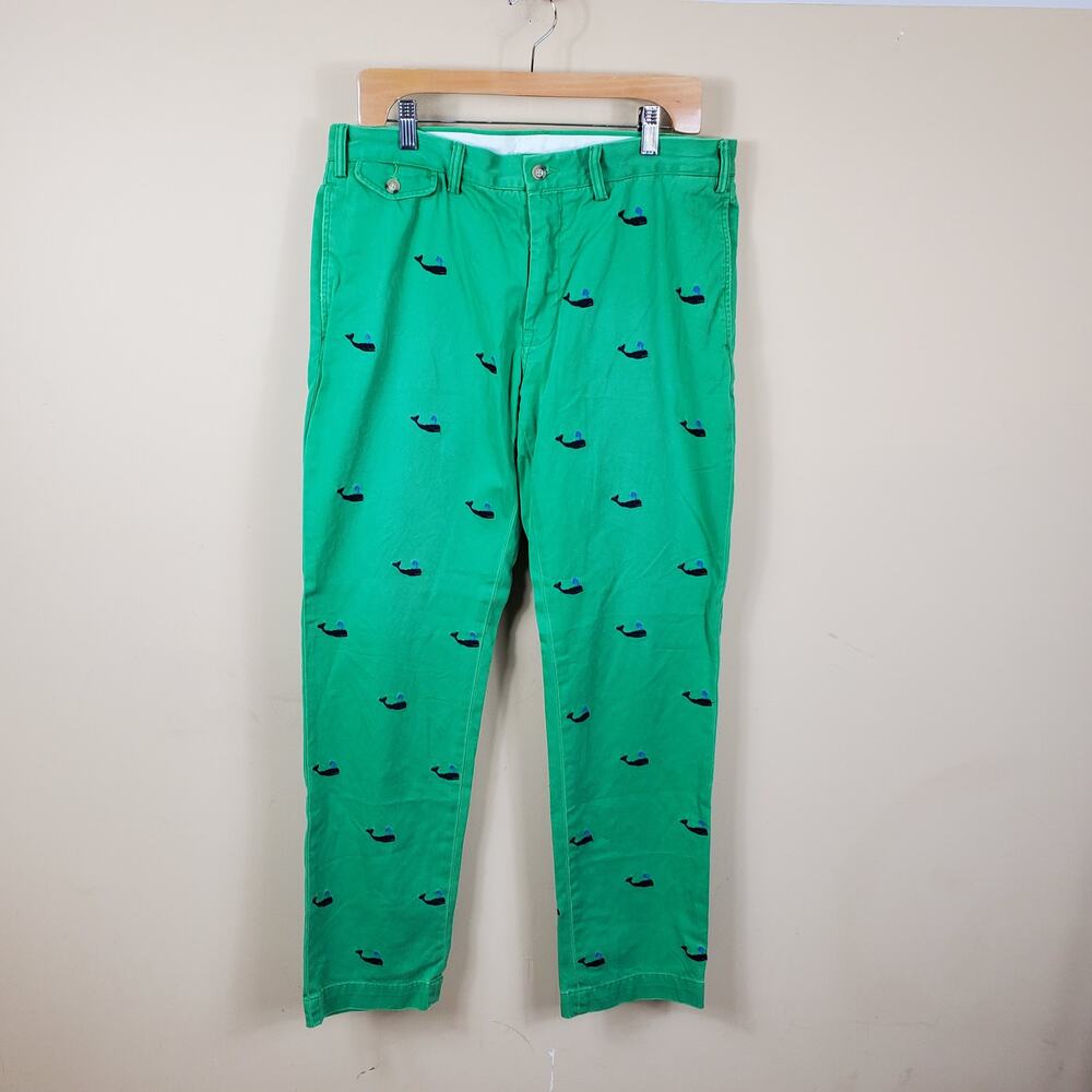 Polo Ralph Lauren New England Preppy Green Embroidered Whale Chinos Size 34x32